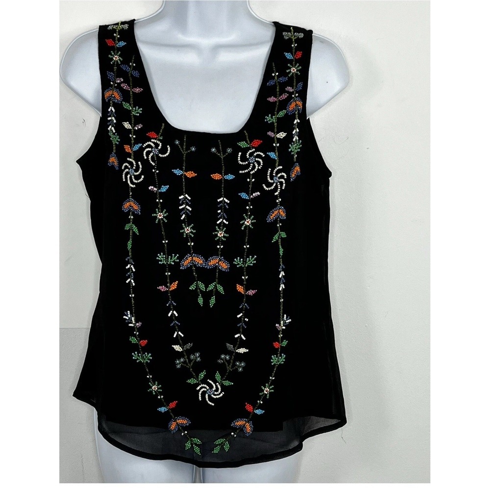 Hazel Womens Top sz S Black Multicolor Beaded Scoop‎ Neck Sleeveless Lined